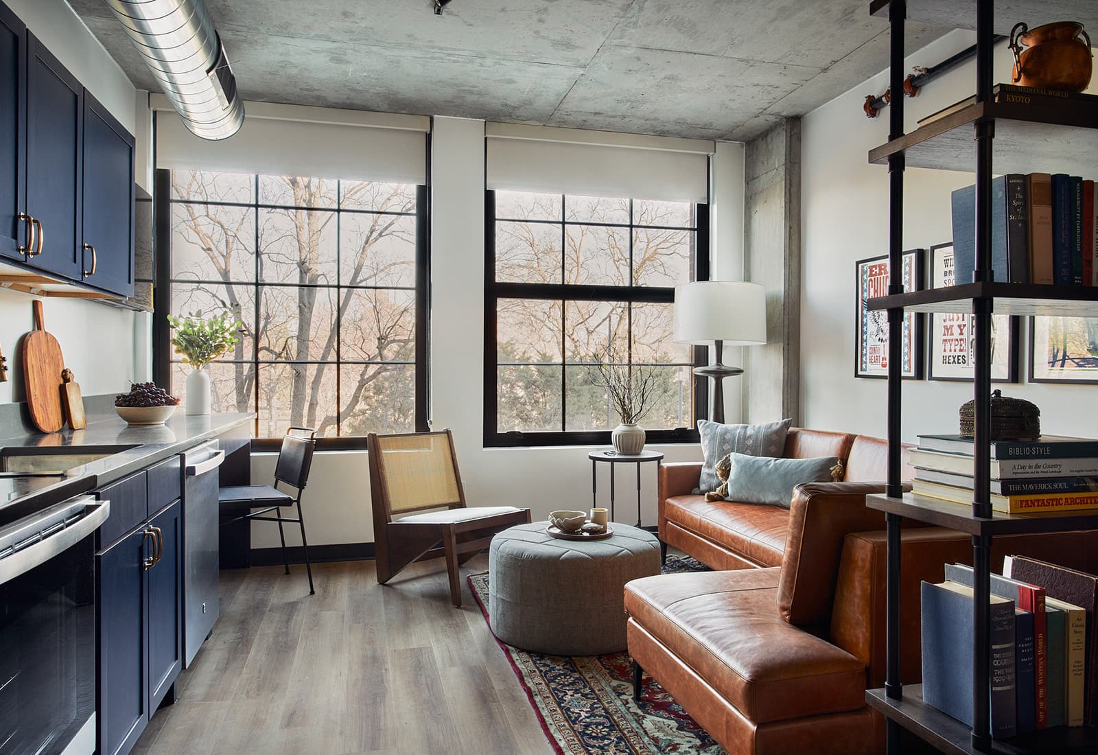 Furnished living room with leather sofa