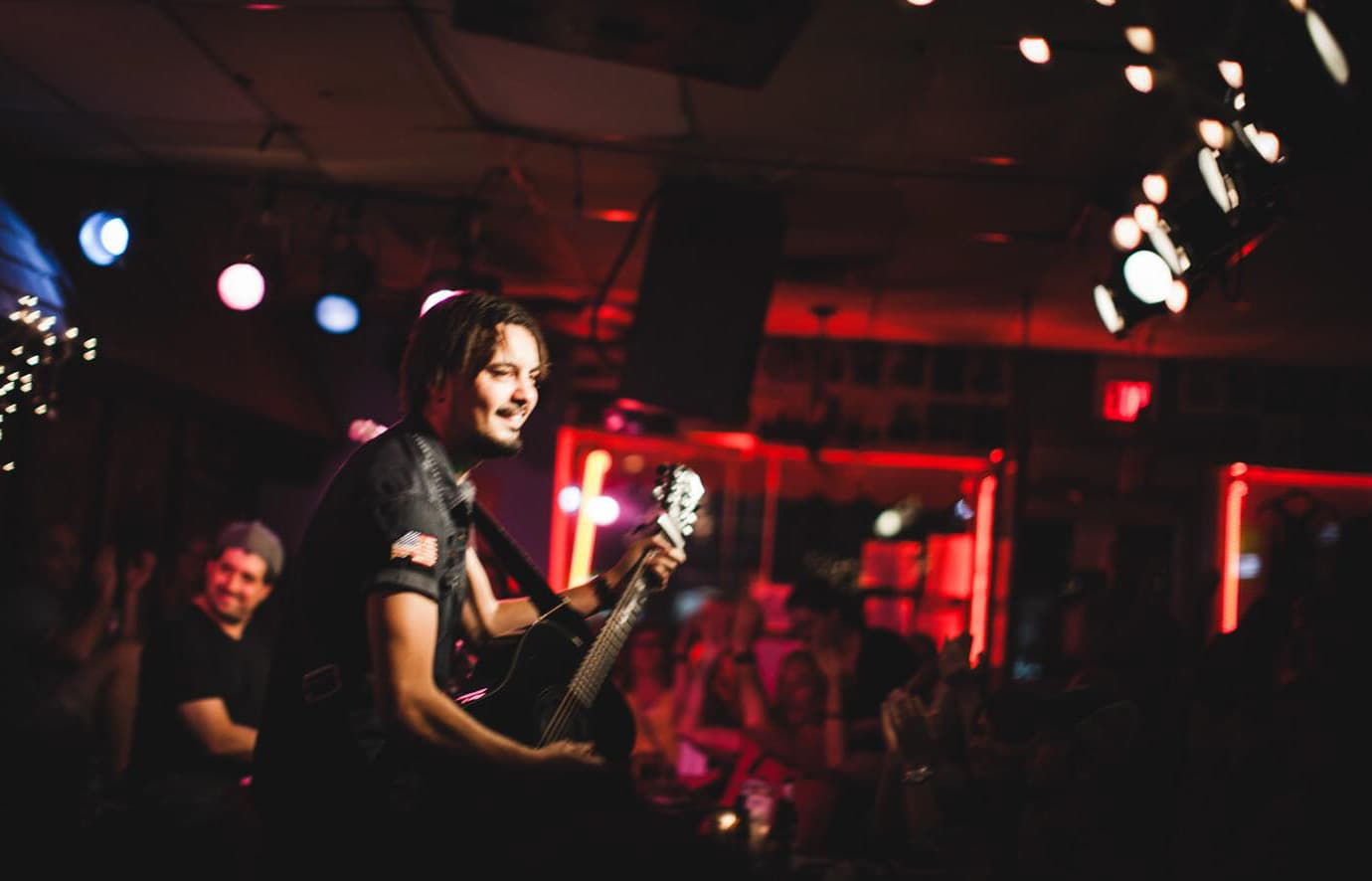 Guitar and microphones during a performance at The Bluebird Cafe